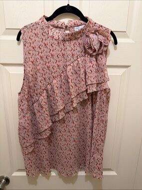 Sweet Pea Blush Pink Floral Ruffle Shoulder Shirt